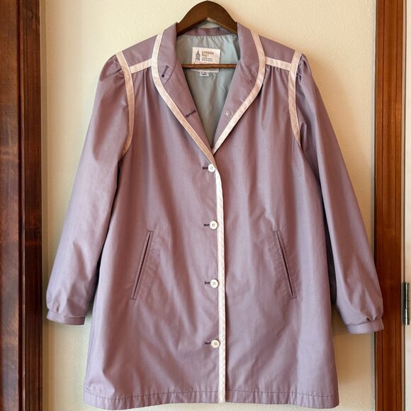 VTG 60s 70s London Fog Trench Coat Midi Length Pastel Purple White Trim Size 12 - Picture 2 of 8